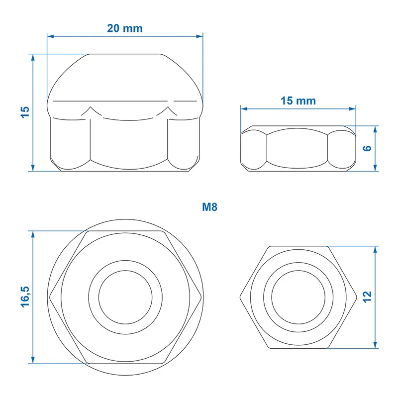 Kulemutter og låsemutter M8 2-delt for bremsekabel